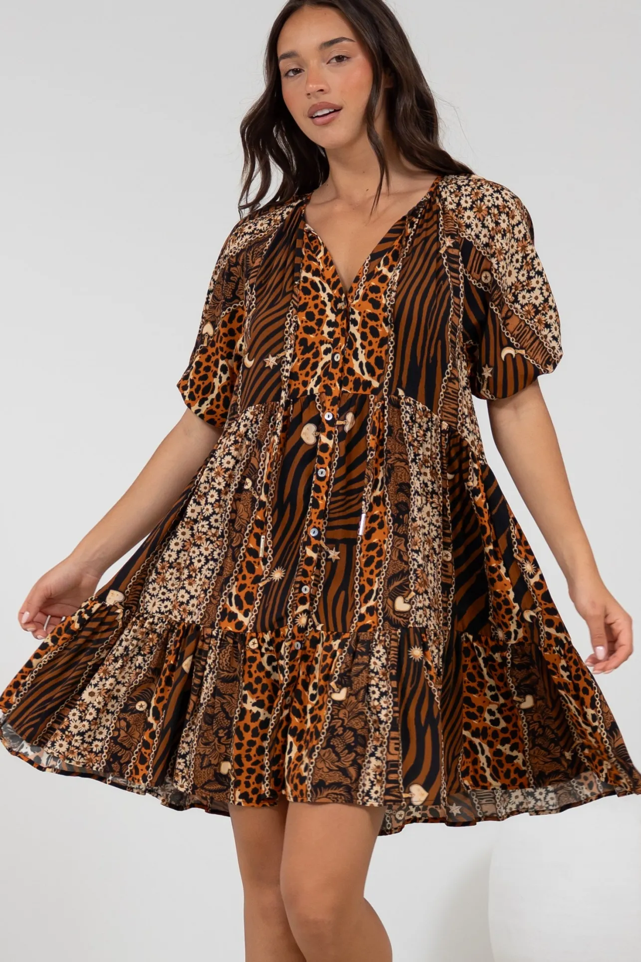 Lia Mini Dress - Balloon Sleeve Smock Dress in Riley Print>Salty Crush Hot