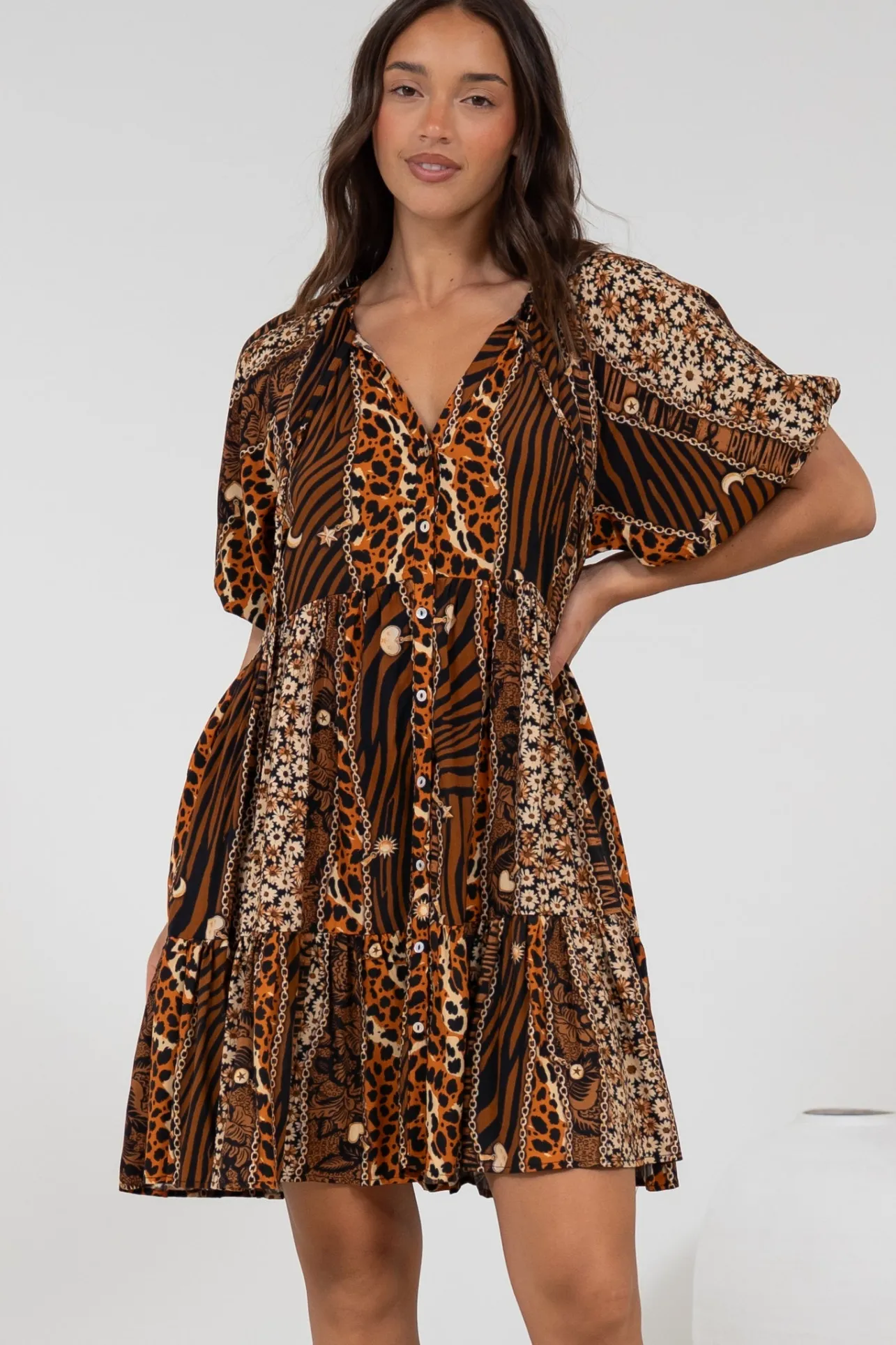 Lia Mini Dress - Balloon Sleeve Smock Dress in Riley Print>Salty Crush Hot