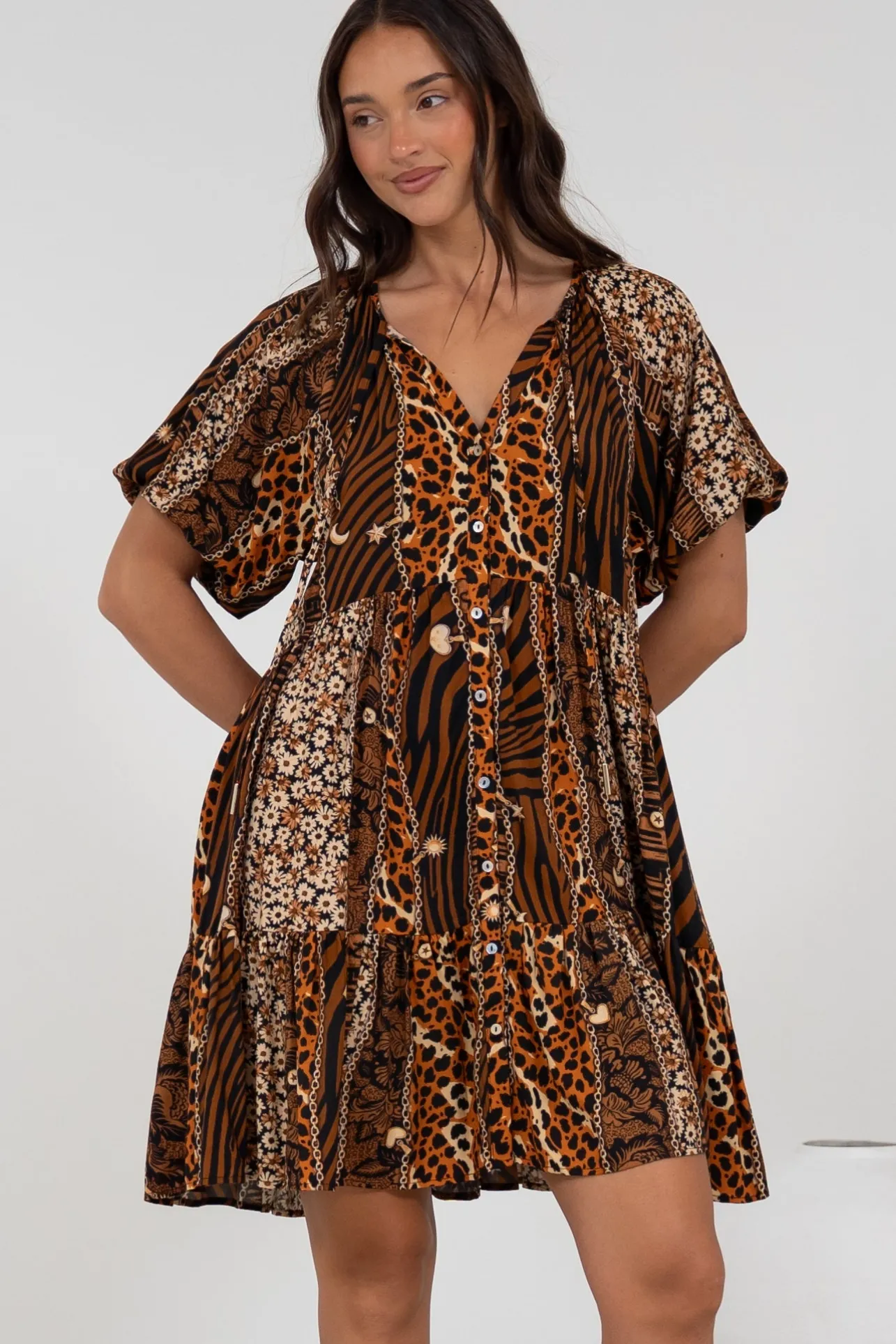 Lia Mini Dress - Balloon Sleeve Smock Dress in Riley Print>Salty Crush Hot