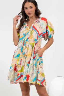 Lia Mini Dress - Balloon Sleeve Smock Dress in Ecoya Print>Salty Crush Outlet