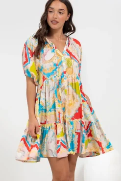 Lia Mini Dress - Balloon Sleeve Smock Dress in Ecoya Print><noscript><img width=