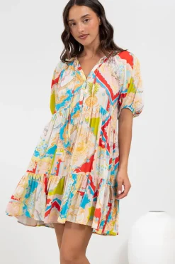 Lia Mini Dress - Balloon Sleeve Smock Dress in Ecoya Print><noscript><img width=