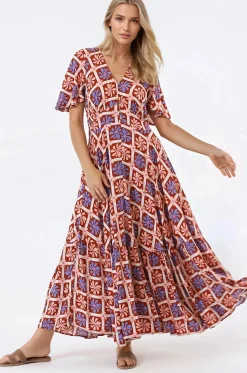 Libby Maxi Dress - Flutter Cap Sleeve Button Waist Detailed A Line Dress in Jaida Print>Salty Crush Best