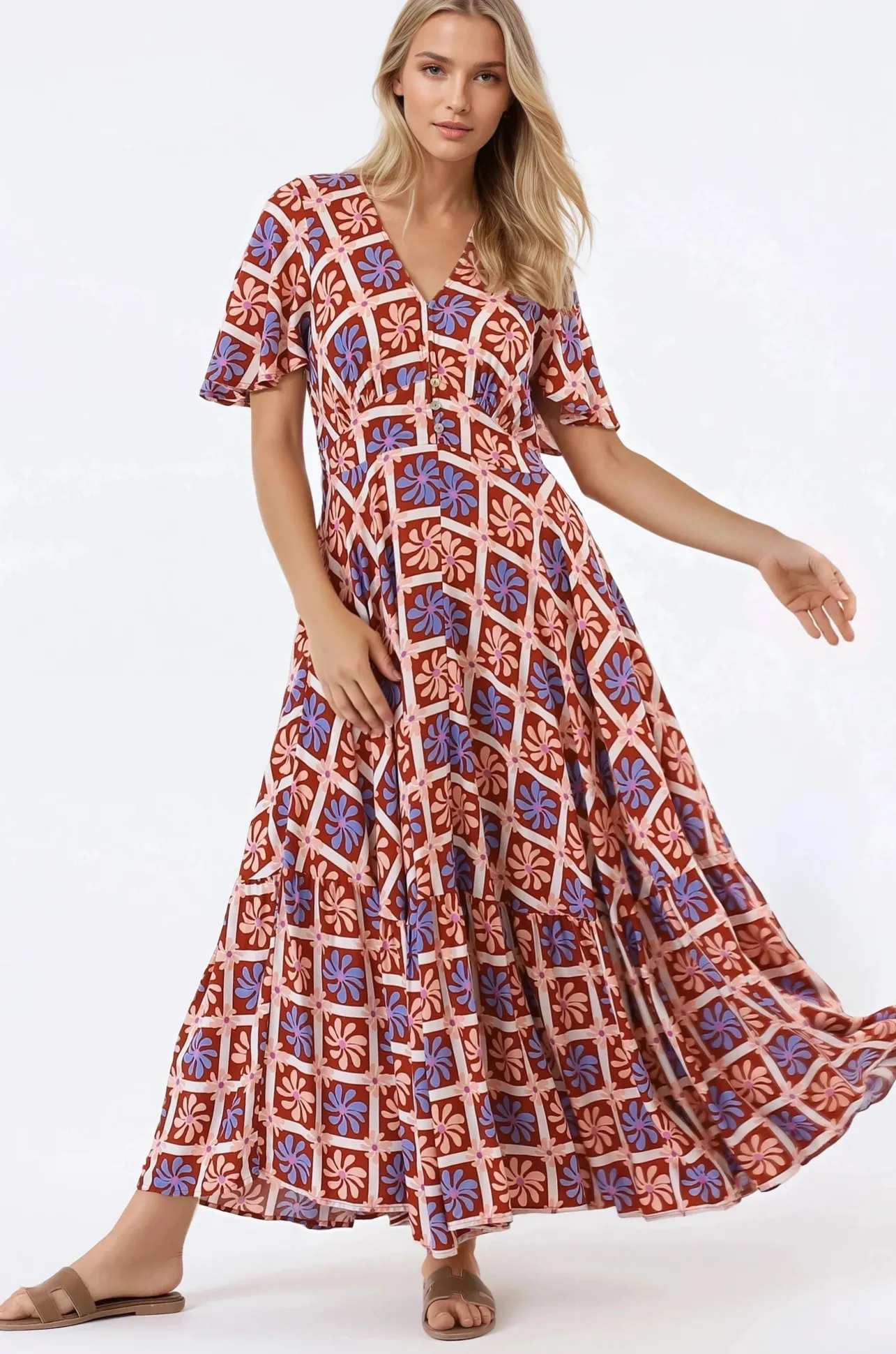 Libby Maxi Dress - Flutter Cap Sleeve Button Waist Detailed A Line Dress in Jaida Print>Salty Crush Best