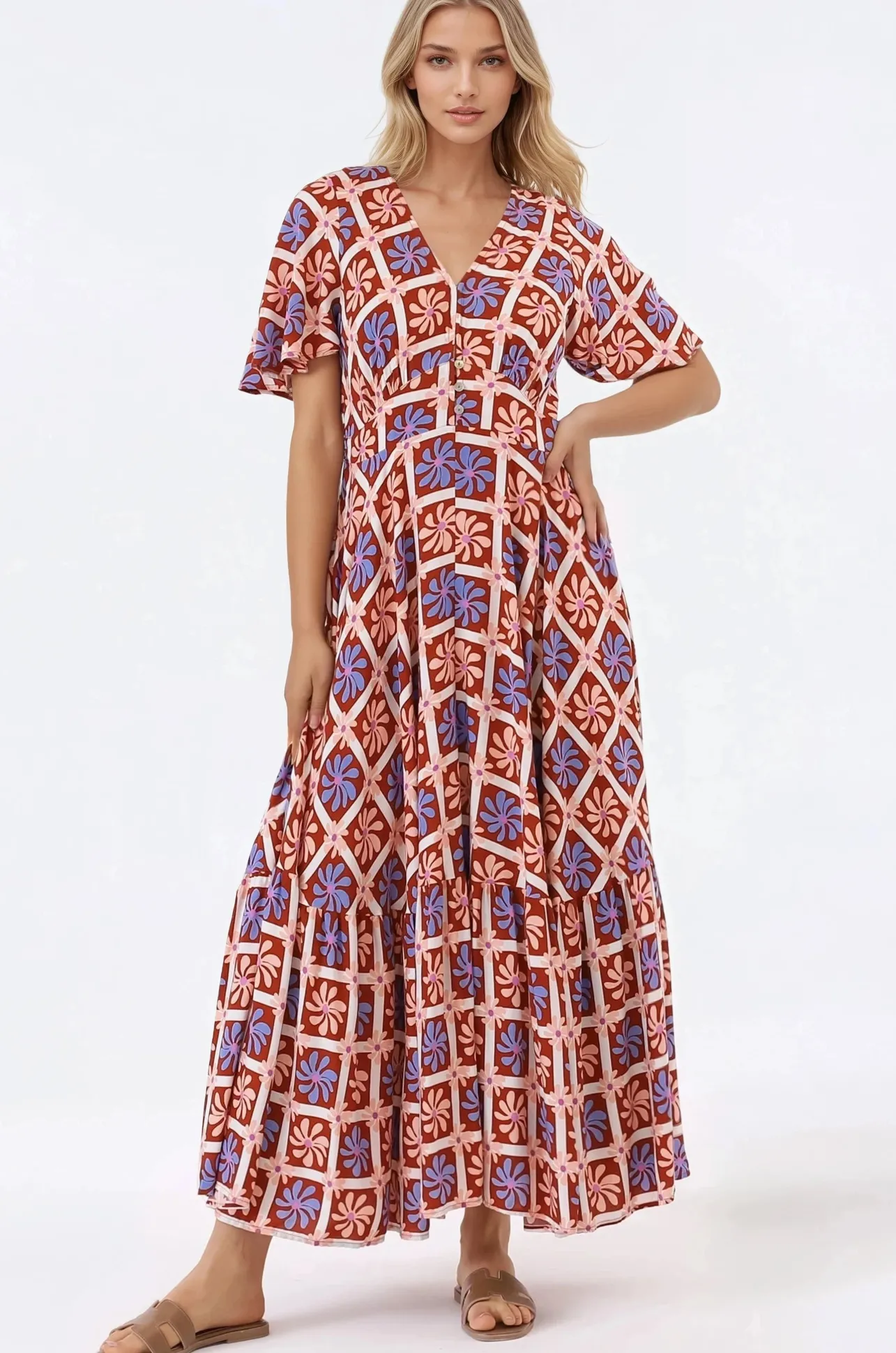 Libby Maxi Dress - Flutter Cap Sleeve Button Waist Detailed A Line Dress in Jaida Print>Salty Crush Best