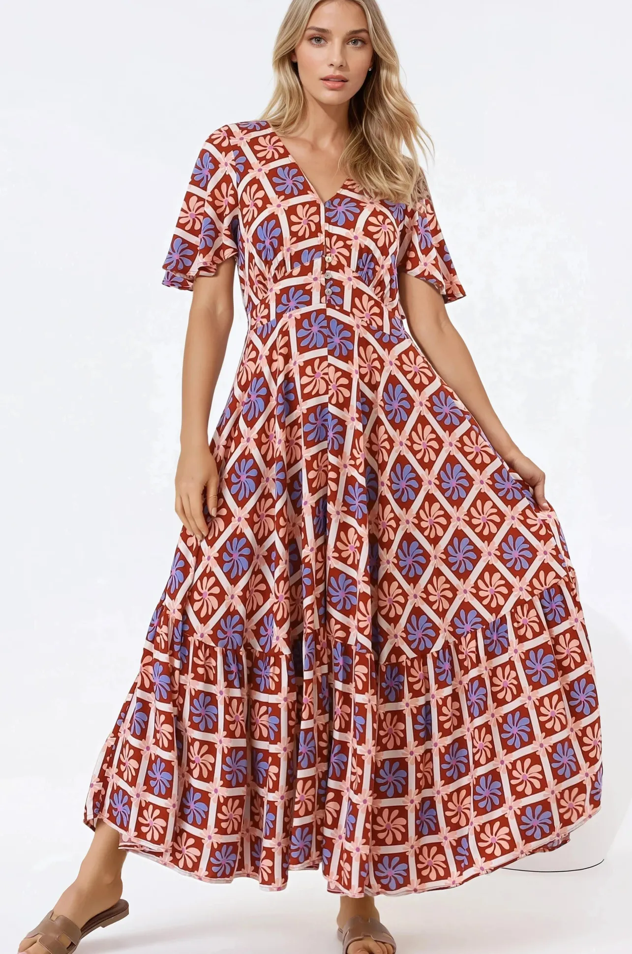 Libby Maxi Dress - Flutter Cap Sleeve Button Waist Detailed A Line Dress in Jaida Print>Salty Crush Best