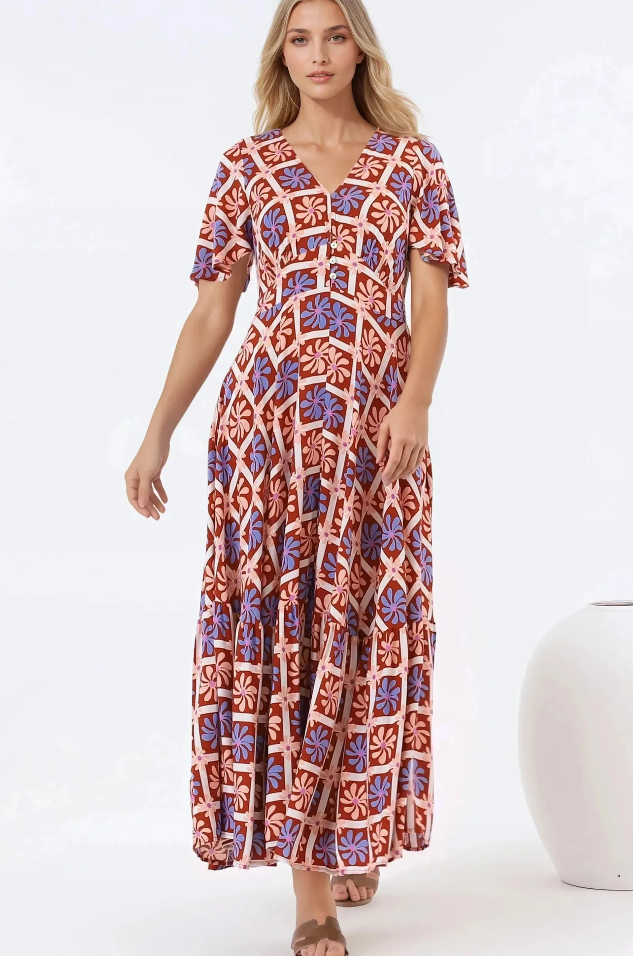 Libby Maxi Dress - Flutter Cap Sleeve Button Waist Detailed A Line Dress in Jaida Print>Salty Crush Best