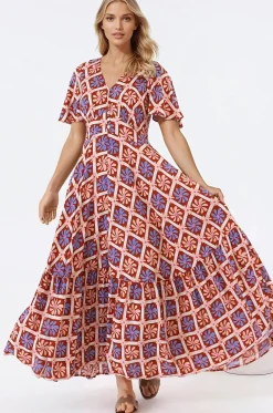 Libby Maxi Dress - Flutter Cap Sleeve Button Waist Detailed A Line Dress in Jaida Print><noscript><img width=