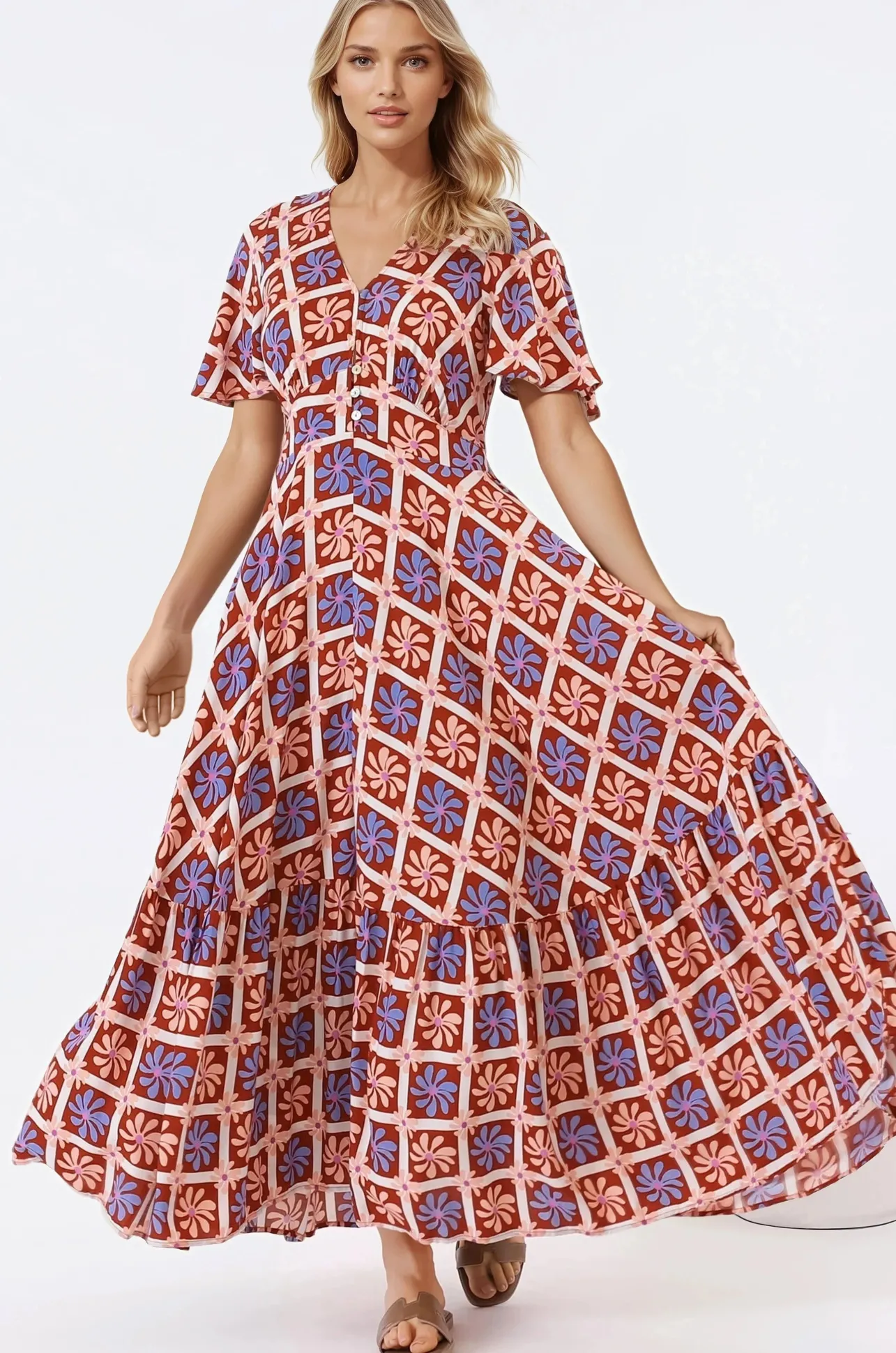 Libby Maxi Dress - Flutter Cap Sleeve Button Waist Detailed A Line Dress in Jaida Print>Salty Crush Best