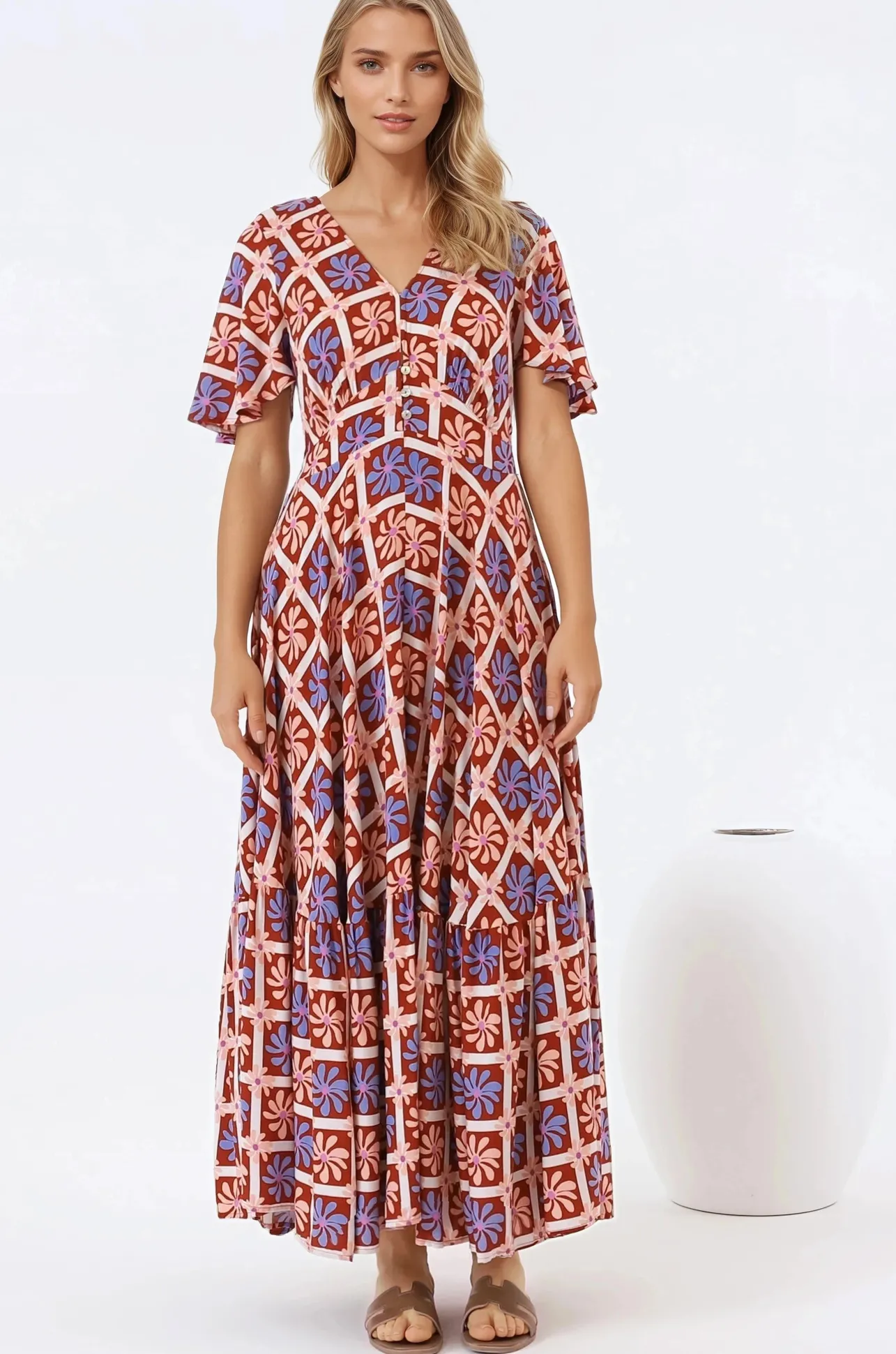 Libby Maxi Dress - Flutter Cap Sleeve Button Waist Detailed A Line Dress in Jaida Print>Salty Crush Best