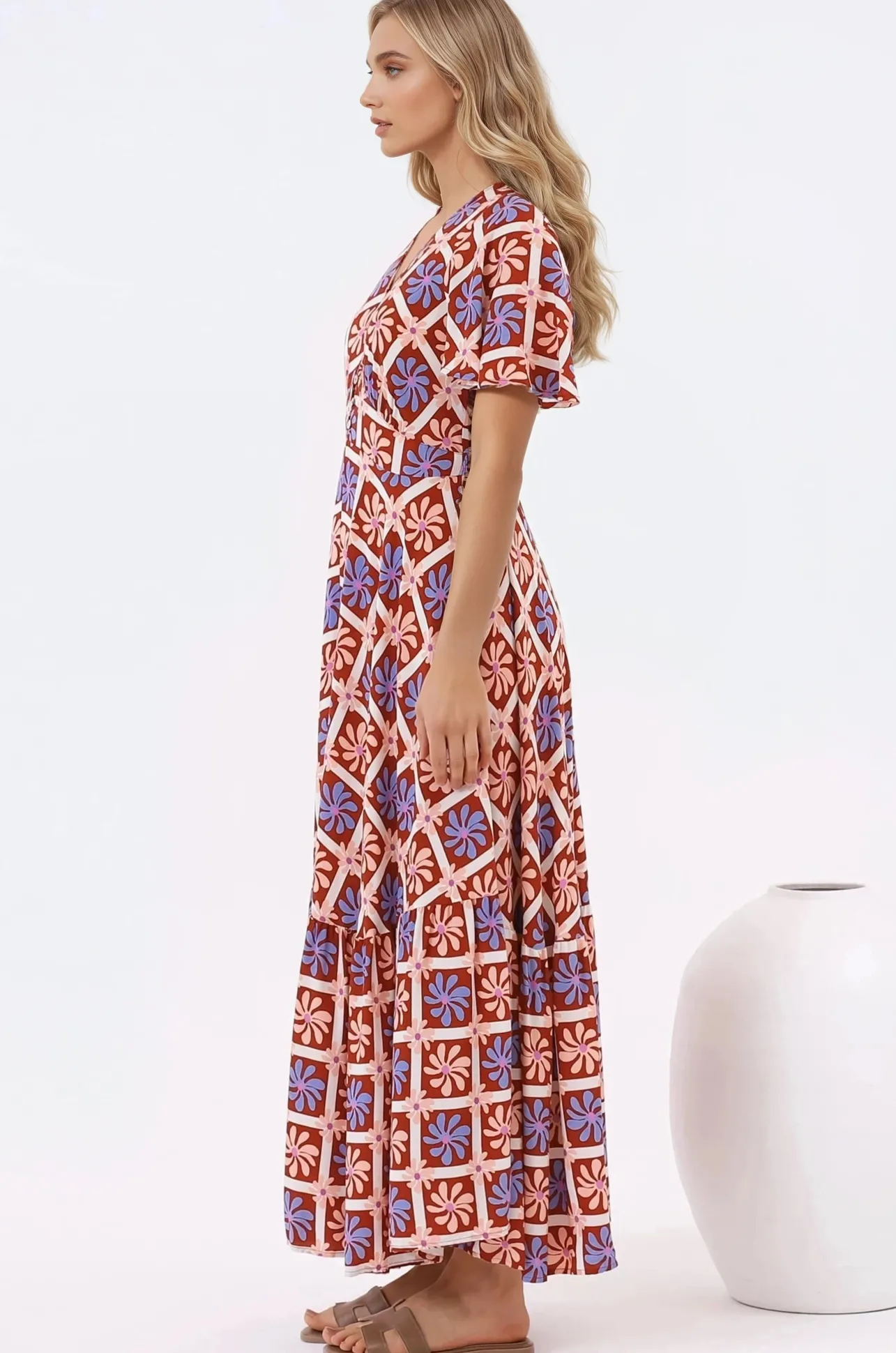 Libby Maxi Dress - Flutter Cap Sleeve Button Waist Detailed A Line Dress in Jaida Print>Salty Crush Best