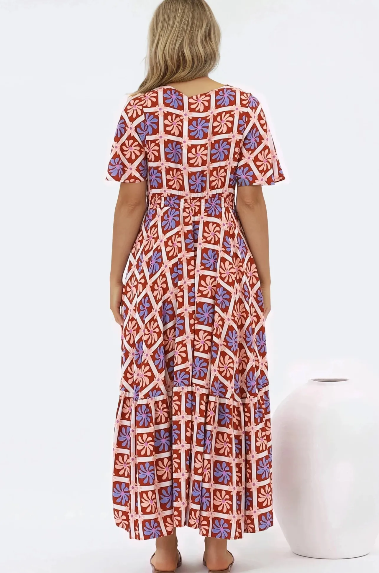 Libby Maxi Dress - Flutter Cap Sleeve Button Waist Detailed A Line Dress in Jaida Print>Salty Crush Best