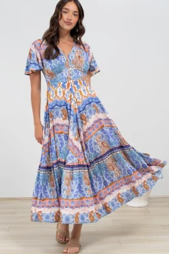 Libby Maxi Dress - Flutter Cap Sleeve Button Waist Detailed A Line Dress in Belly Print>Salty Crush New