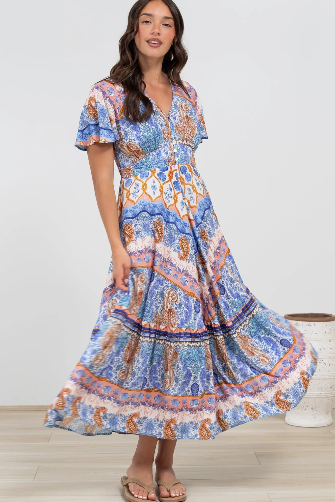 Libby Maxi Dress - Flutter Cap Sleeve Button Waist Detailed A Line Dress in Belly Print>Salty Crush New