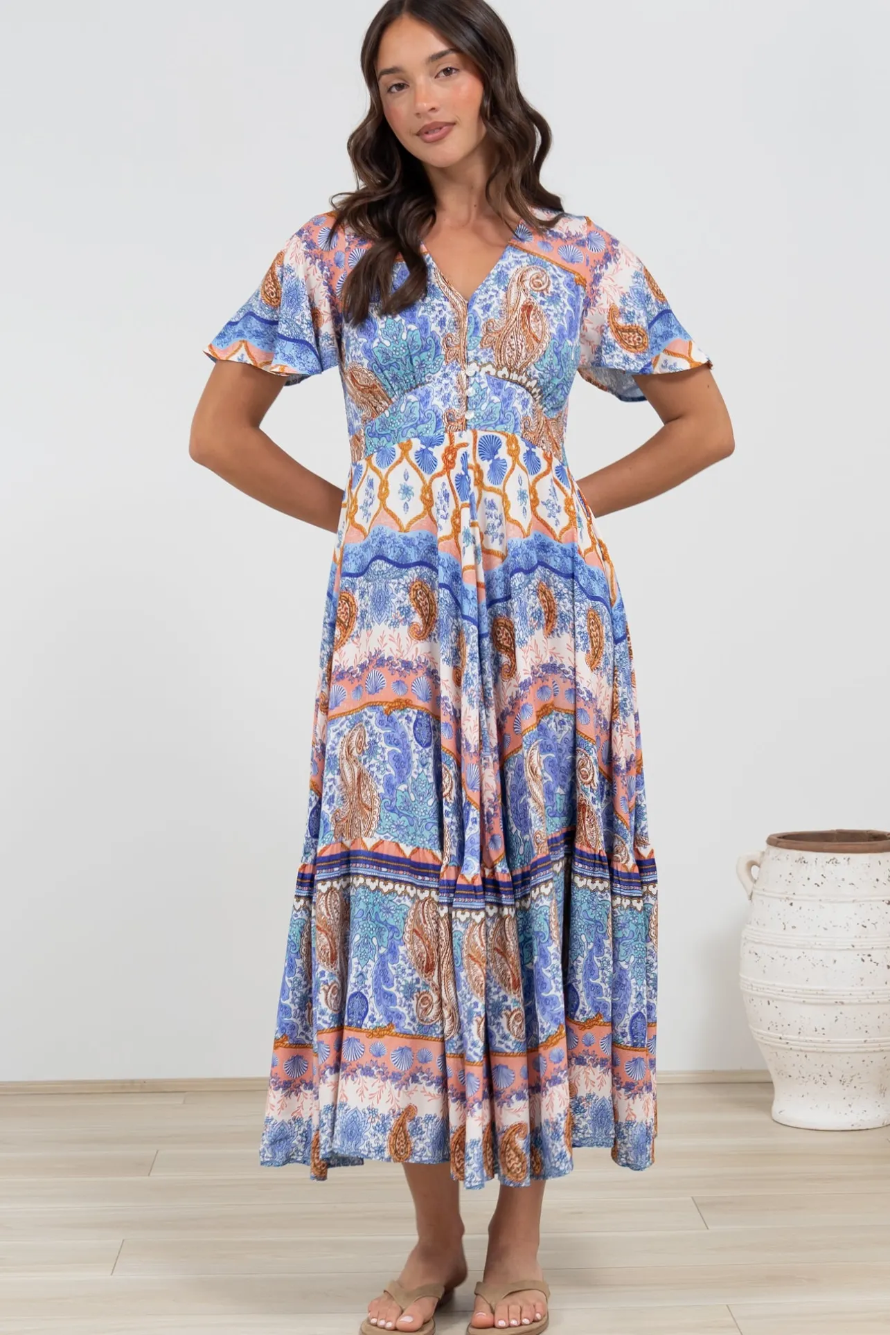 Libby Maxi Dress - Flutter Cap Sleeve Button Waist Detailed A Line Dress in Belly Print>Salty Crush New