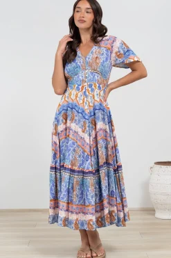 Libby Maxi Dress - Flutter Cap Sleeve Button Waist Detailed A Line Dress in Belly Print><noscript><img width=