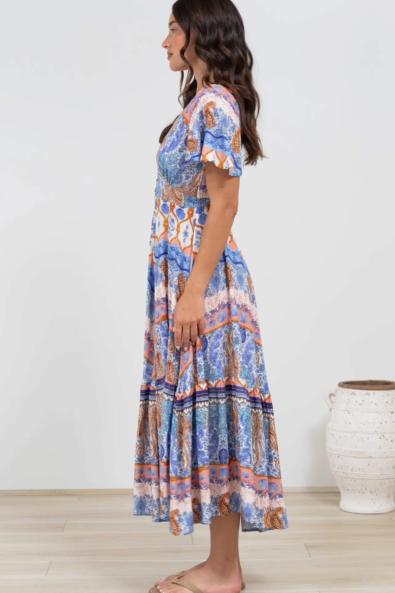 Libby Maxi Dress - Flutter Cap Sleeve Button Waist Detailed A Line Dress in Belly Print>Salty Crush New