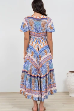Libby Maxi Dress - Flutter Cap Sleeve Button Waist Detailed A Line Dress in Belly Print><noscript><img width=