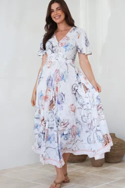 Libby Maxi Dress - Flutter Cap Sleeve Button Waist Detailed A Line Dress in Zodiac Print>Salty Crush Clearance