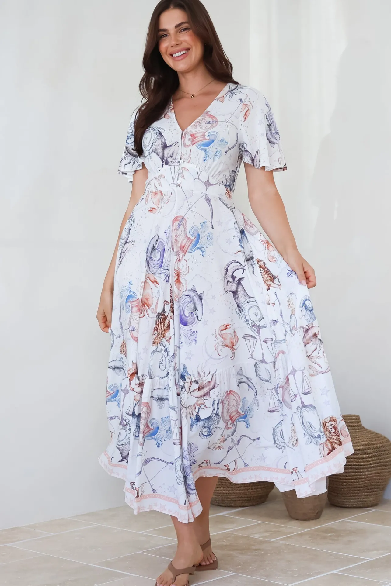 Libby Maxi Dress - Flutter Cap Sleeve Button Waist Detailed A Line Dress in Zodiac Print>Salty Crush Clearance