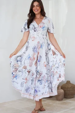 Libby Maxi Dress - Flutter Cap Sleeve Button Waist Detailed A Line Dress in Zodiac Print><noscript><img width=