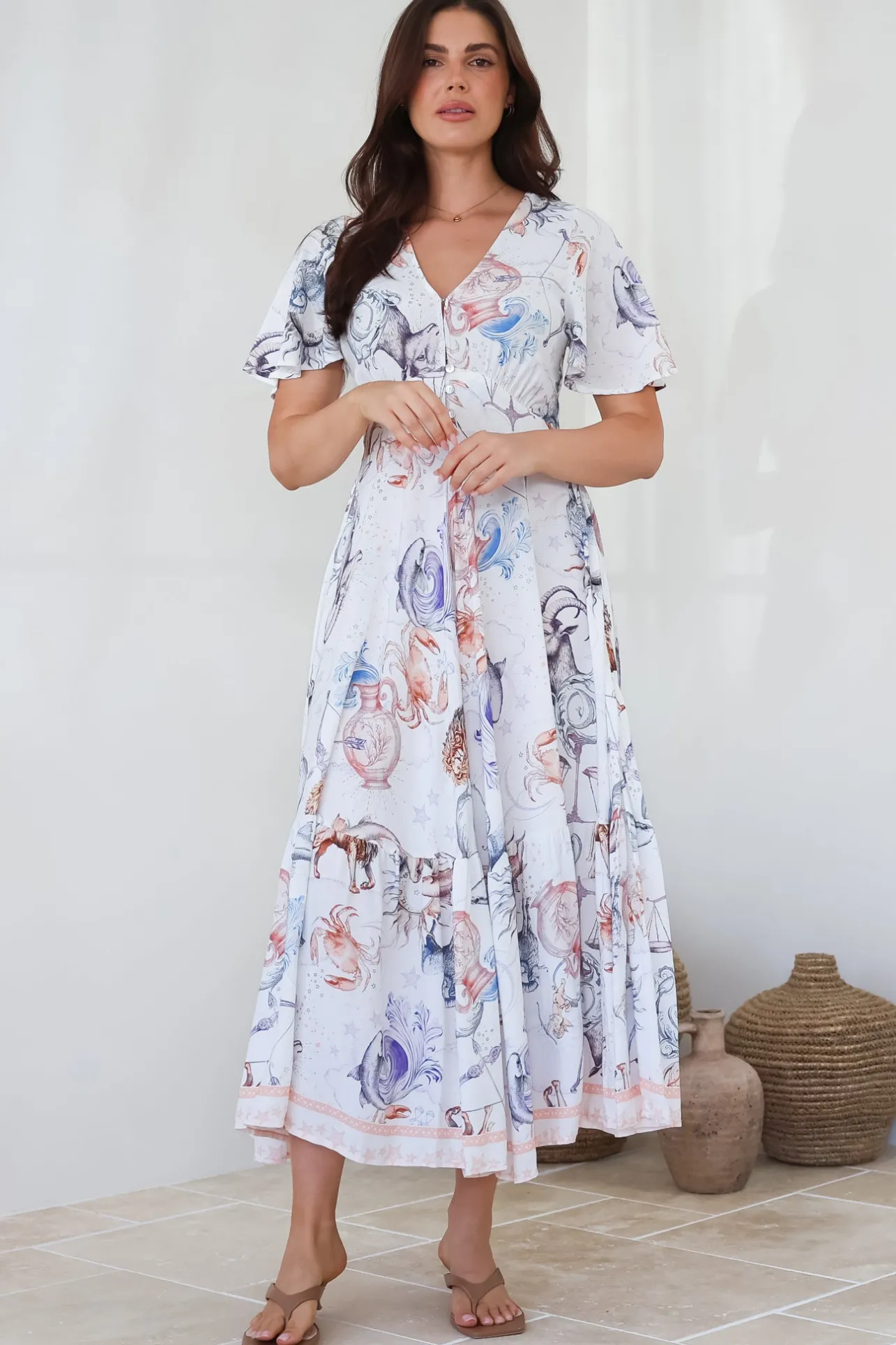 Libby Maxi Dress - Flutter Cap Sleeve Button Waist Detailed A Line Dress in Zodiac Print>Salty Crush Clearance