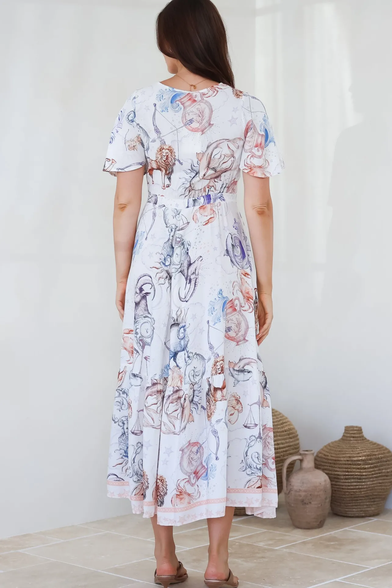 Libby Maxi Dress - Flutter Cap Sleeve Button Waist Detailed A Line Dress in Zodiac Print>Salty Crush Clearance