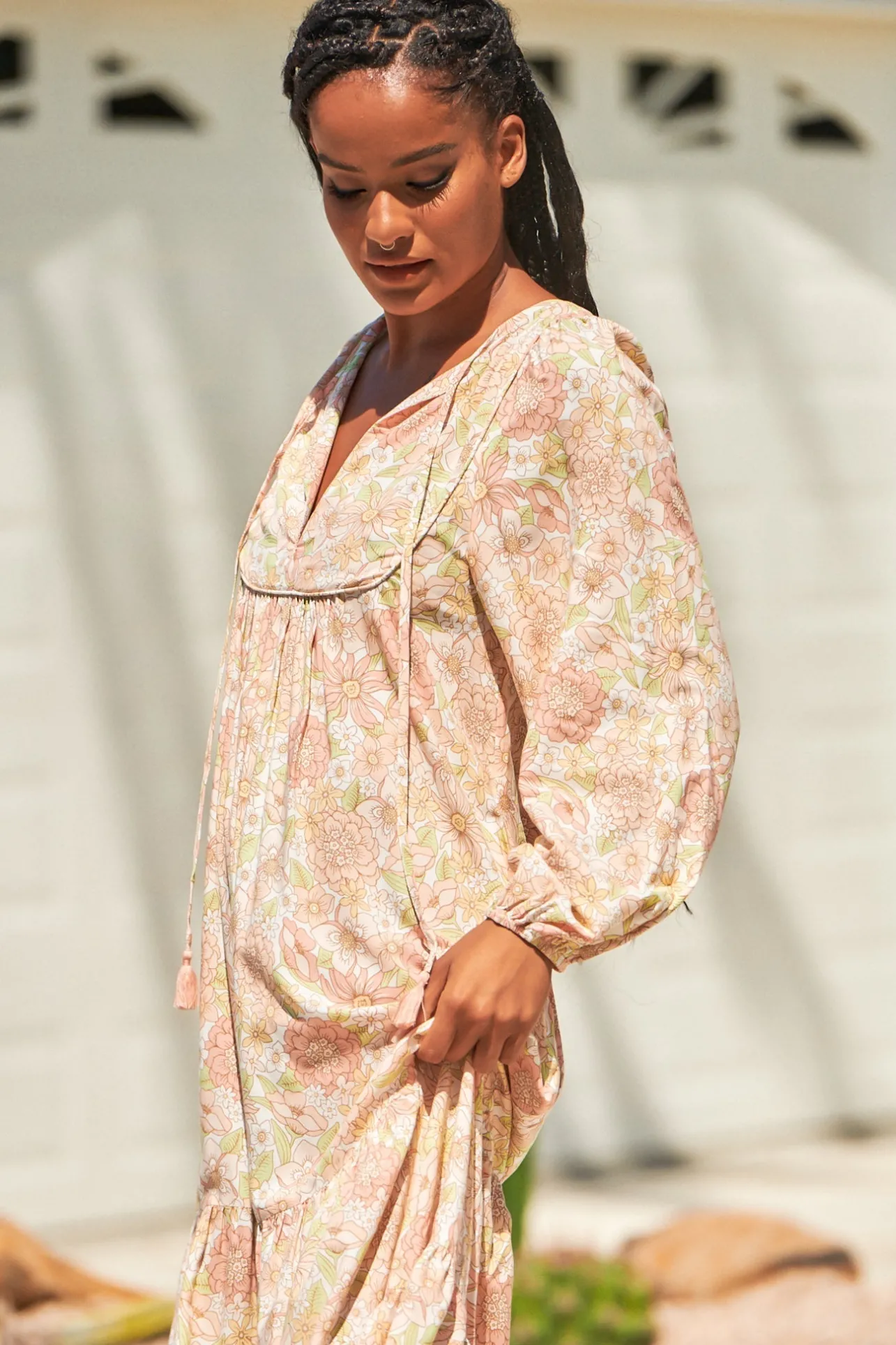 Liliana Midi Dress - V Neckline with Long Sleeves with Elastic Cuffs Dress in Tigerlily Print>Jaase Discount