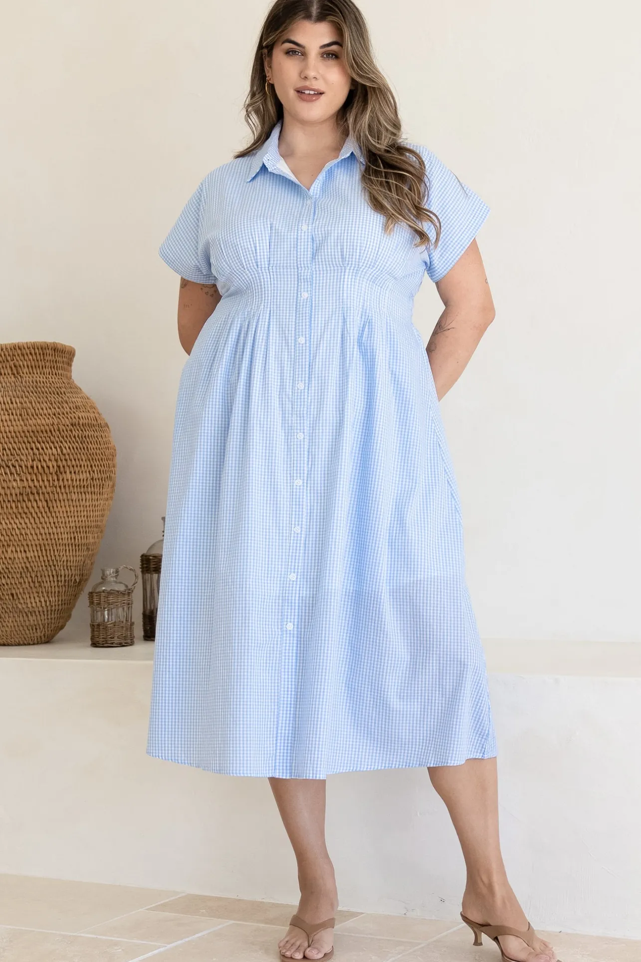 Lilla Midi Dress - Collared Buttoned Down A-Line Dress in Gingham Blue>Salty Crush Outlet