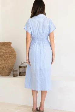 Lilla Midi Dress - Collared Buttoned Down A-Line Dress in Gingham Blue><noscript><img width=