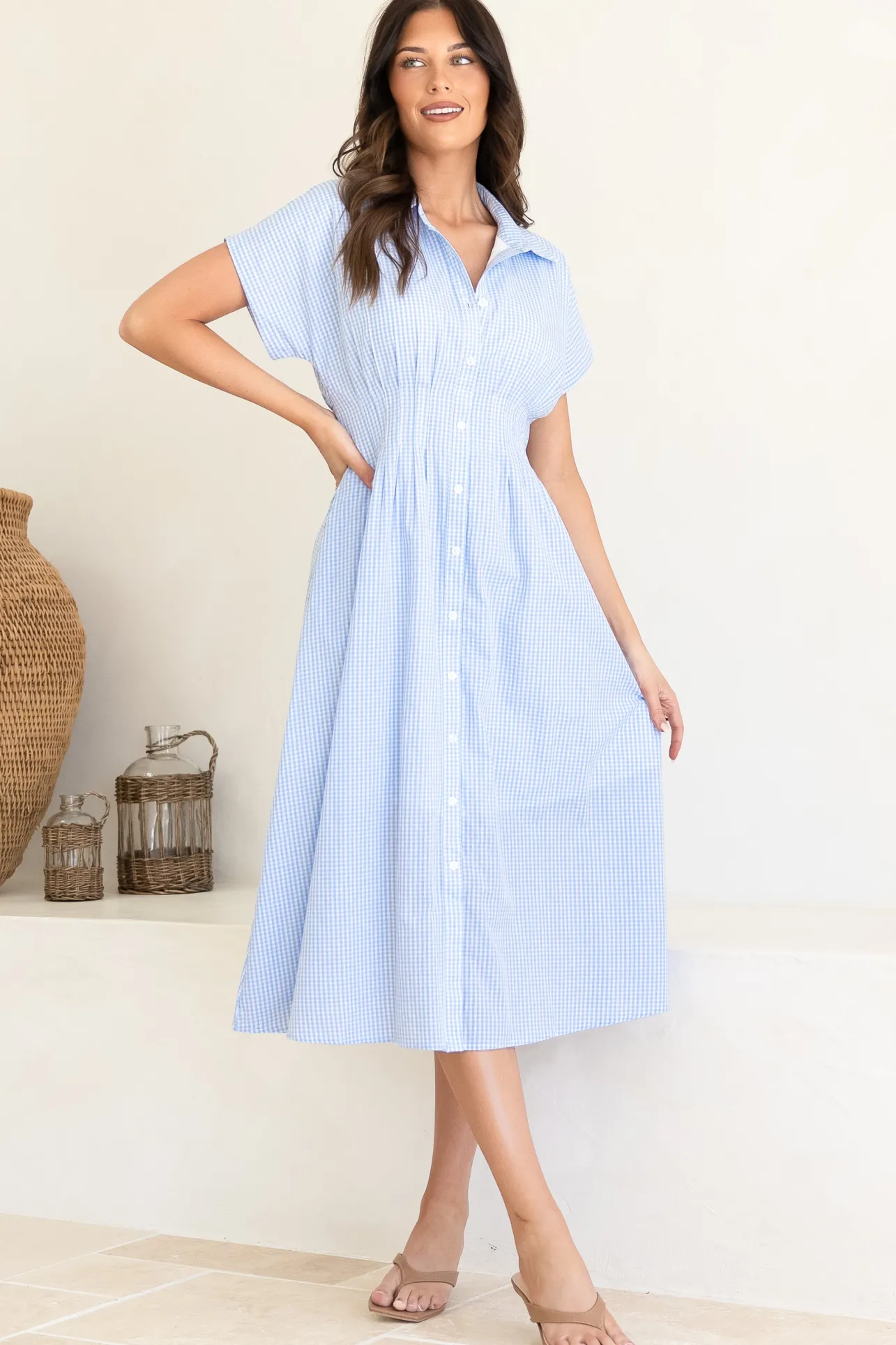 Lilla Midi Dress - Collared Buttoned Down A-Line Dress in Gingham Blue>Salty Crush Outlet