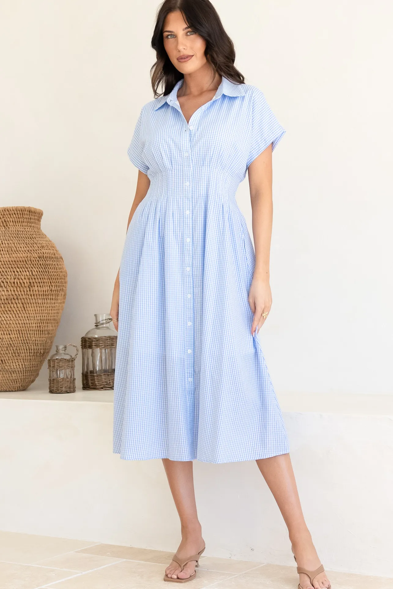 Lilla Midi Dress - Collared Buttoned Down A-Line Dress in Gingham Blue>Salty Crush Outlet