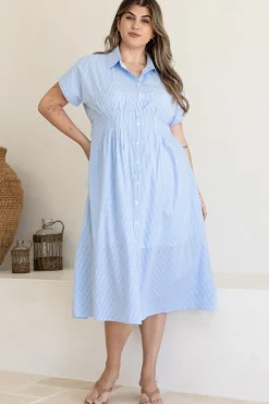 Lilla Midi Dress - Collared Buttoned Down A-Line Dress in Gingham Blue><noscript><img width=