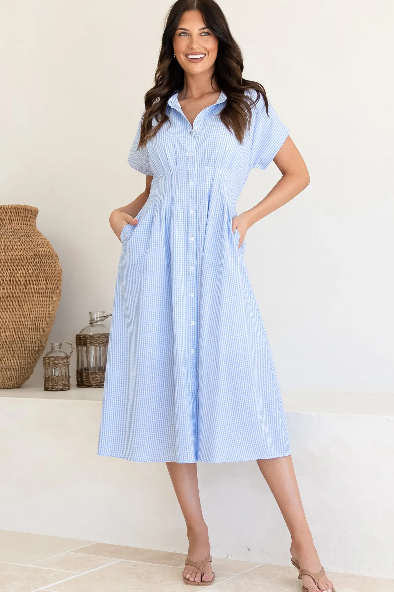 Lilla Midi Dress - Collared Buttoned Down A-Line Dress in Gingham Blue>Salty Crush Outlet