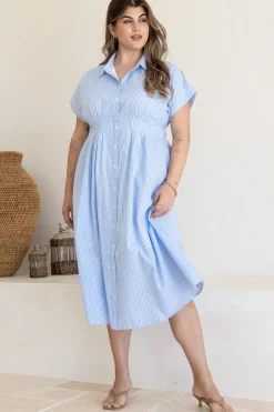 Lilla Midi Dress - Collared Buttoned Down A-Line Dress in Gingham Blue><noscript><img width=