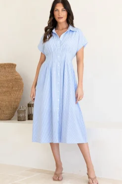 Lilla Midi Dress - Collared Buttoned Down A-Line Dress in Gingham Blue><noscript><img width=