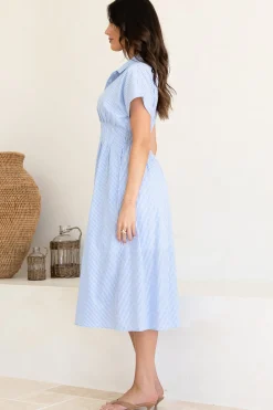 Lilla Midi Dress - Collared Buttoned Down A-Line Dress in Gingham Blue><noscript><img width=