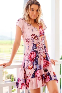 Lizzie Mini Dress - Butterfly Cap Sleeve Button Down Dress with Pockets in Dahlia Print>Jaase Hot
