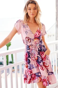 Lizzie Mini Dress - Butterfly Cap Sleeve Button Down Dress with Pockets in Dahlia Print><noscript><img width=