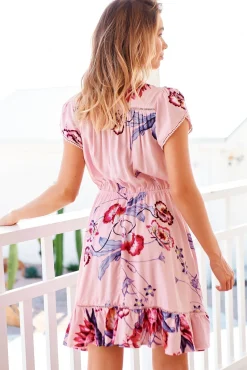 Lizzie Mini Dress - Butterfly Cap Sleeve Button Down Dress with Pockets in Dahlia Print><noscript><img width=