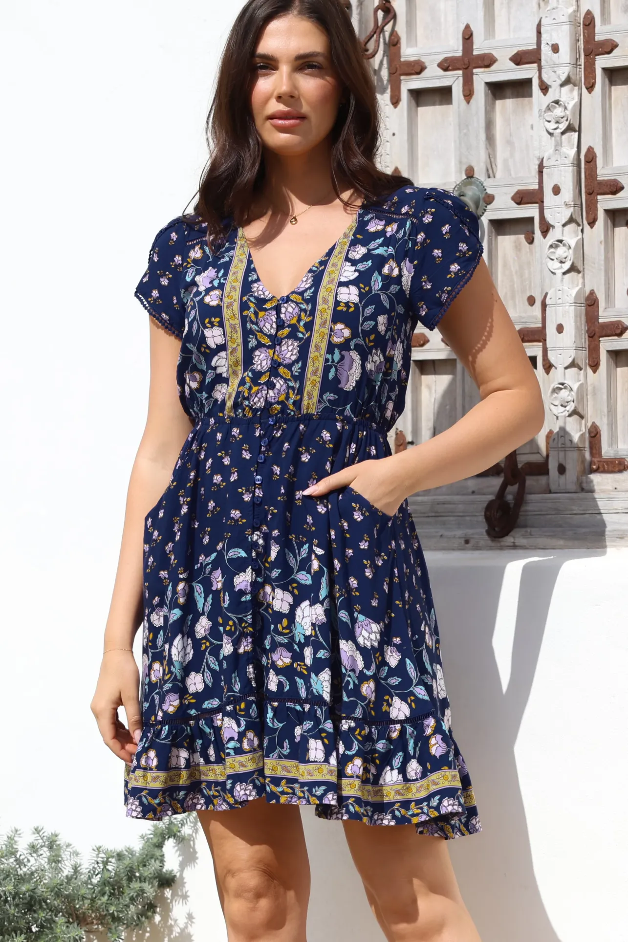 Lizzie Mini Dress - Butterfly Cap Sleeve Button Down Dress with Pockets in Wild Indigo Print>Jaase Best