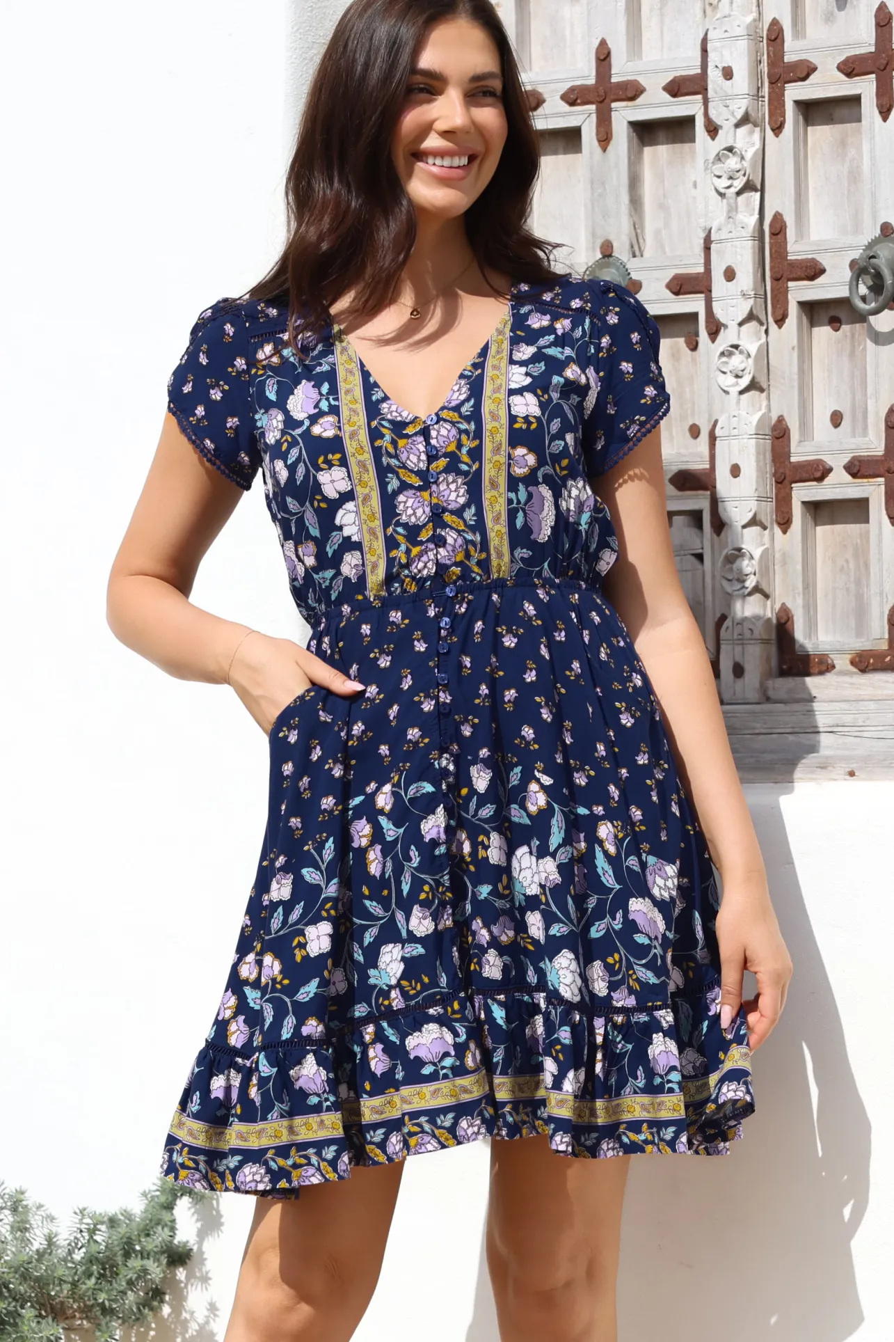 Lizzie Mini Dress - Butterfly Cap Sleeve Button Down Dress with Pockets in Wild Indigo Print>Jaase Best