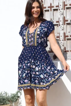 Lizzie Mini Dress - Butterfly Cap Sleeve Button Down Dress with Pockets in Wild Indigo Print><noscript><img width=