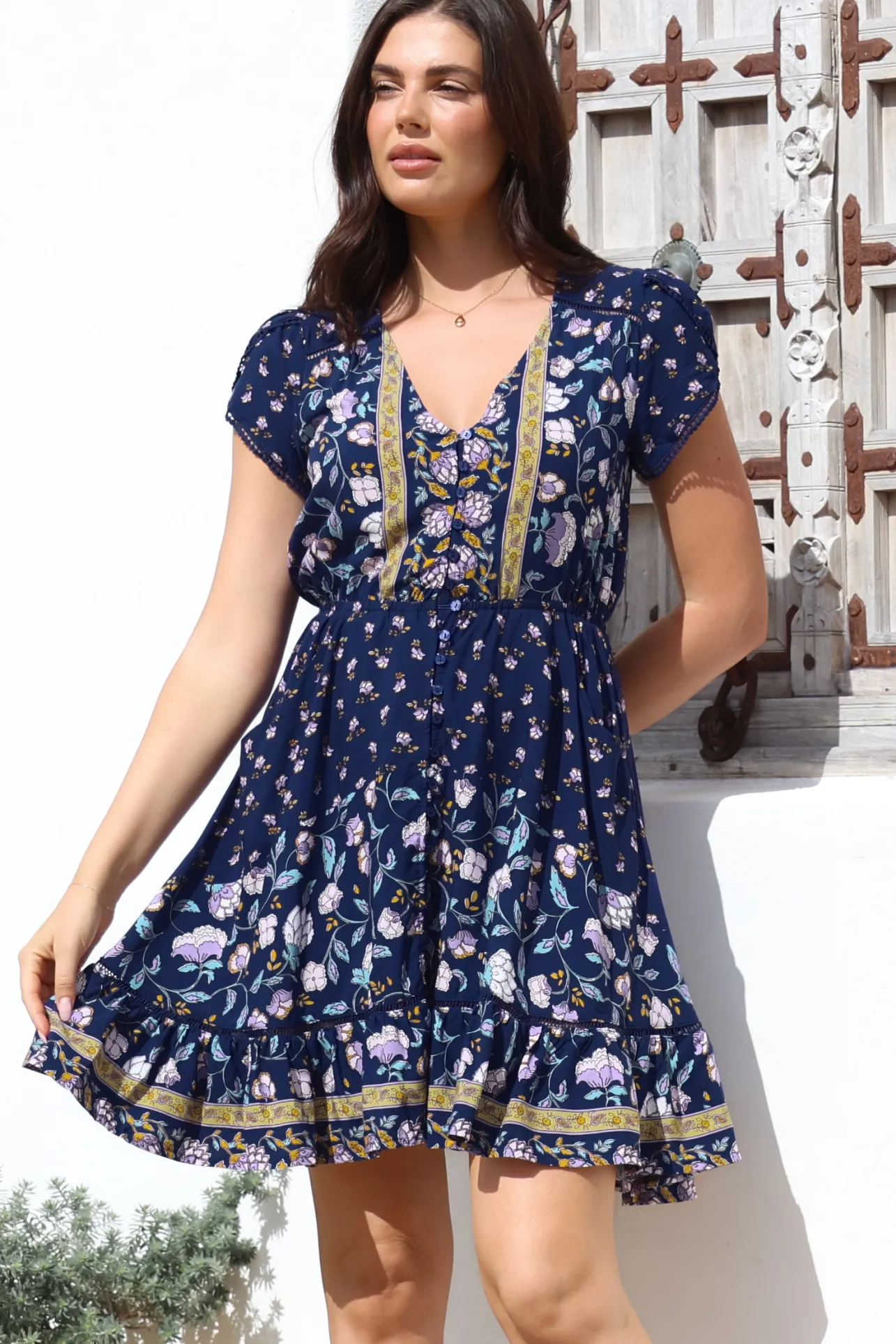 Lizzie Mini Dress - Butterfly Cap Sleeve Button Down Dress with Pockets in Wild Indigo Print>Jaase Best