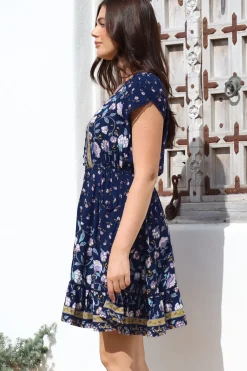 Lizzie Mini Dress - Butterfly Cap Sleeve Button Down Dress with Pockets in Wild Indigo Print><noscript><img width=