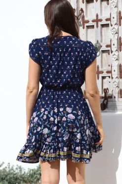 Lizzie Mini Dress - Butterfly Cap Sleeve Button Down Dress with Pockets in Wild Indigo Print><noscript><img width=