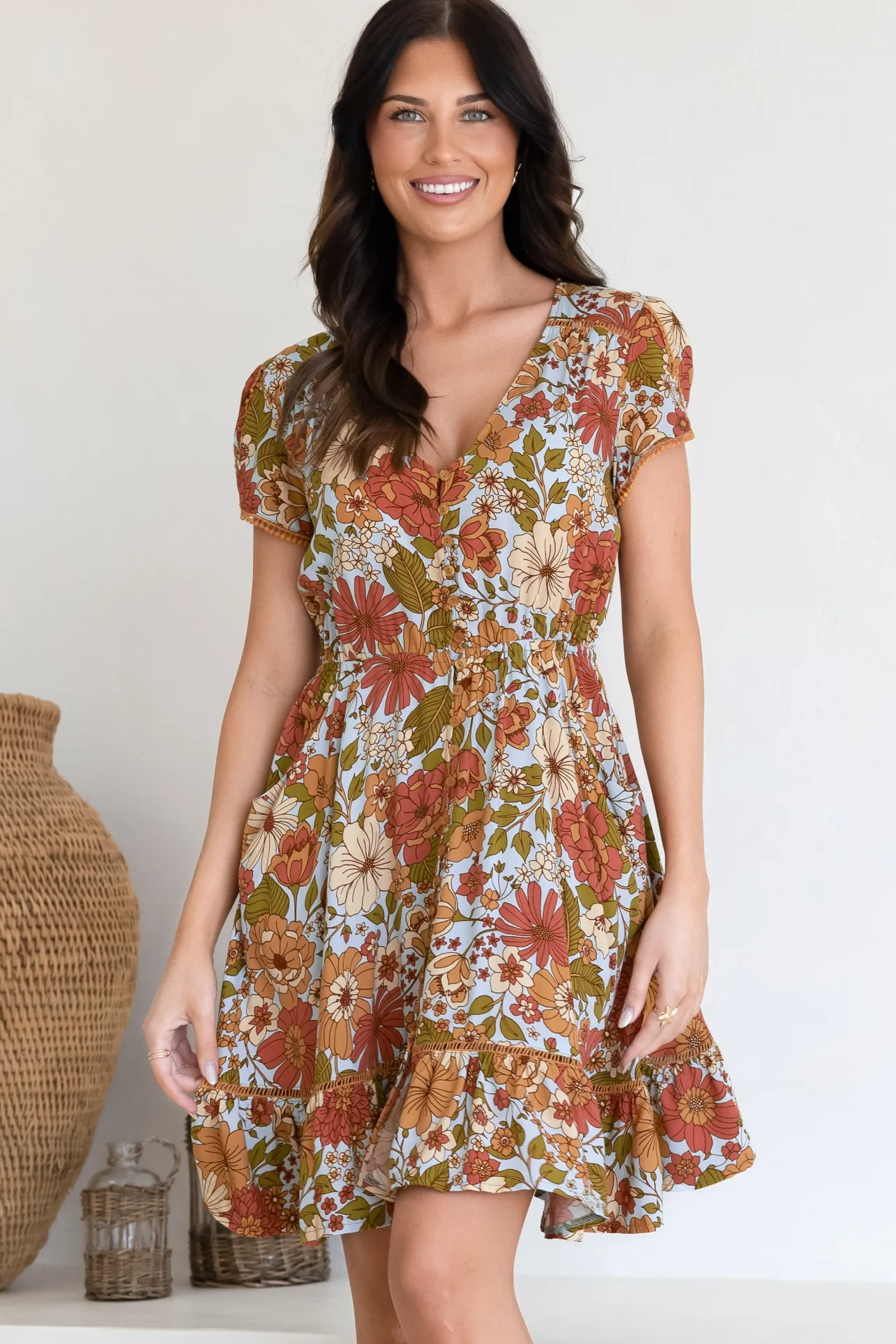 Lizzie Mini Dress - Butterfly Cap Sleeve Button Down Dress with Pockets in Mimosa Print>Jaase Best