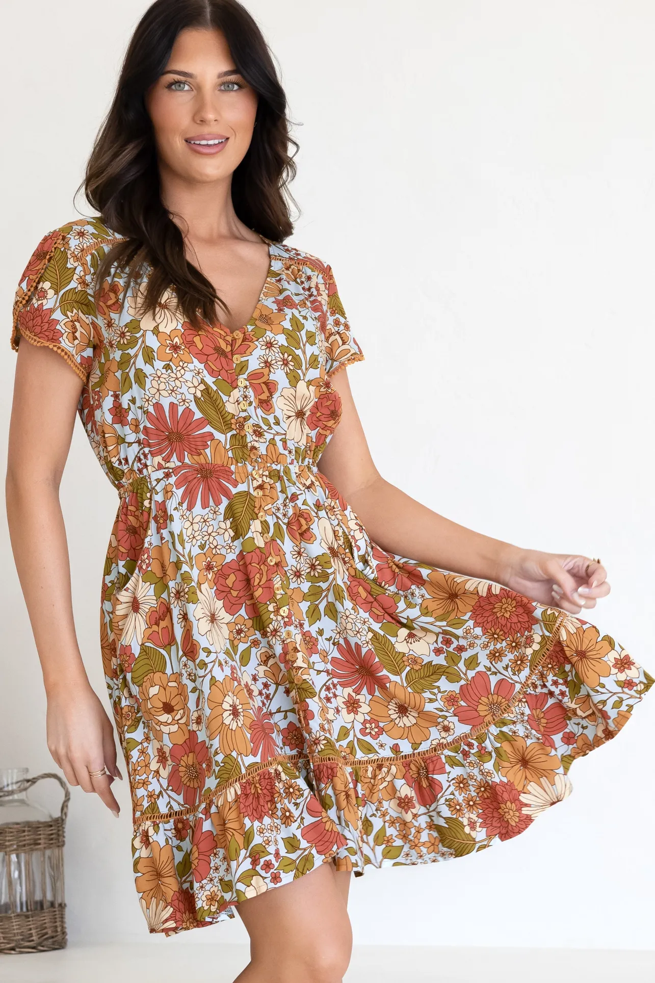 Lizzie Mini Dress - Butterfly Cap Sleeve Button Down Dress with Pockets in Mimosa Print>Jaase Best