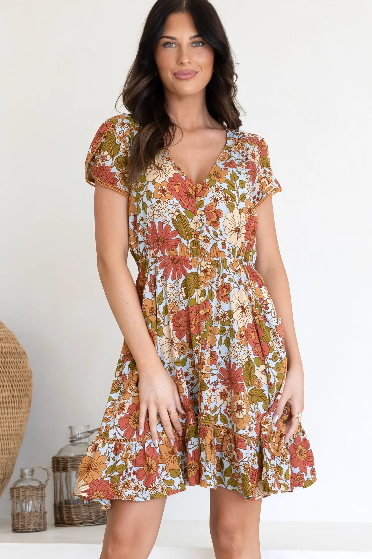 Lizzie Mini Dress - Butterfly Cap Sleeve Button Down Dress with Pockets in Mimosa Print>Jaase Best