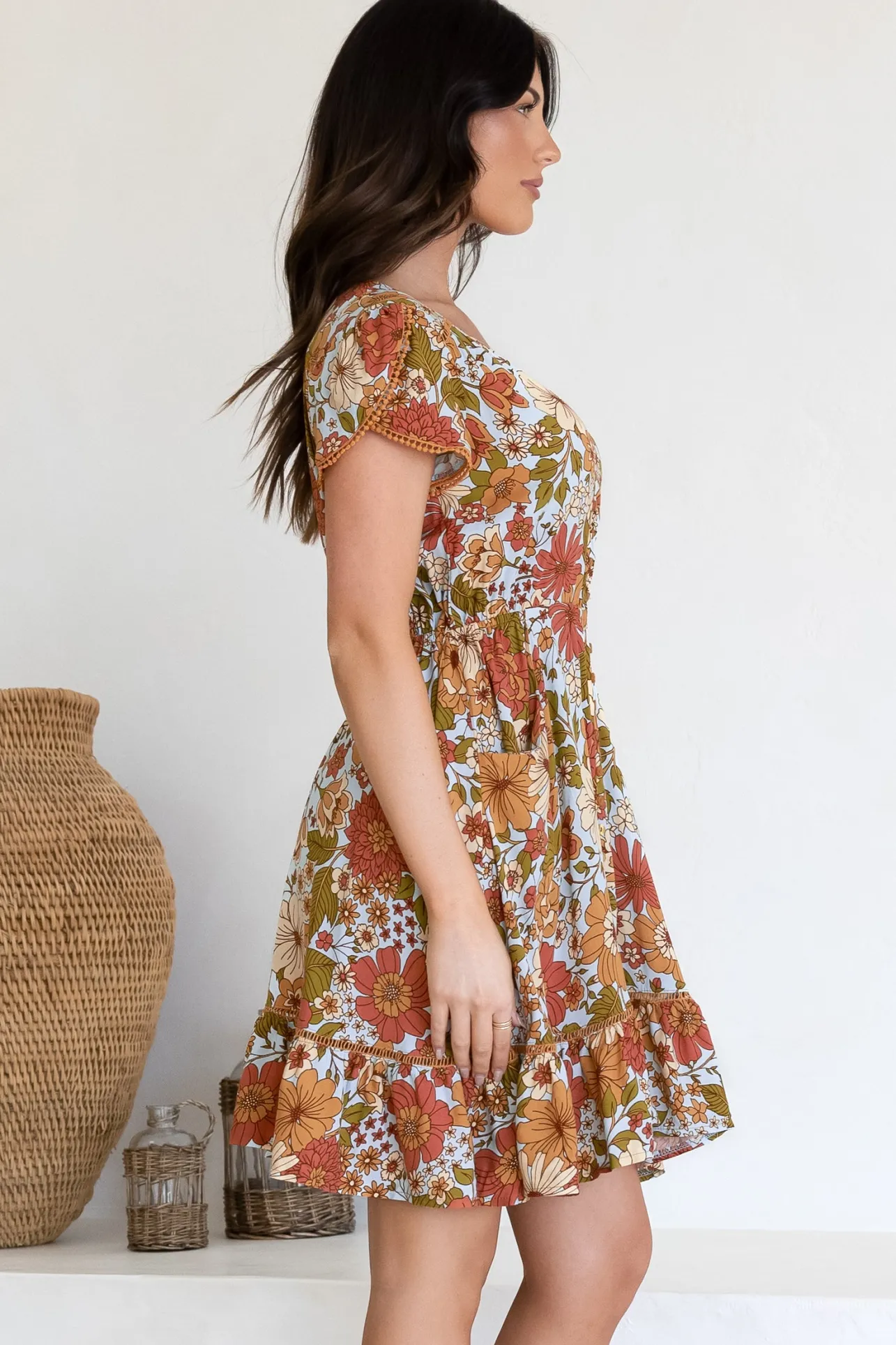 Lizzie Mini Dress - Butterfly Cap Sleeve Button Down Dress with Pockets in Mimosa Print>Jaase Best